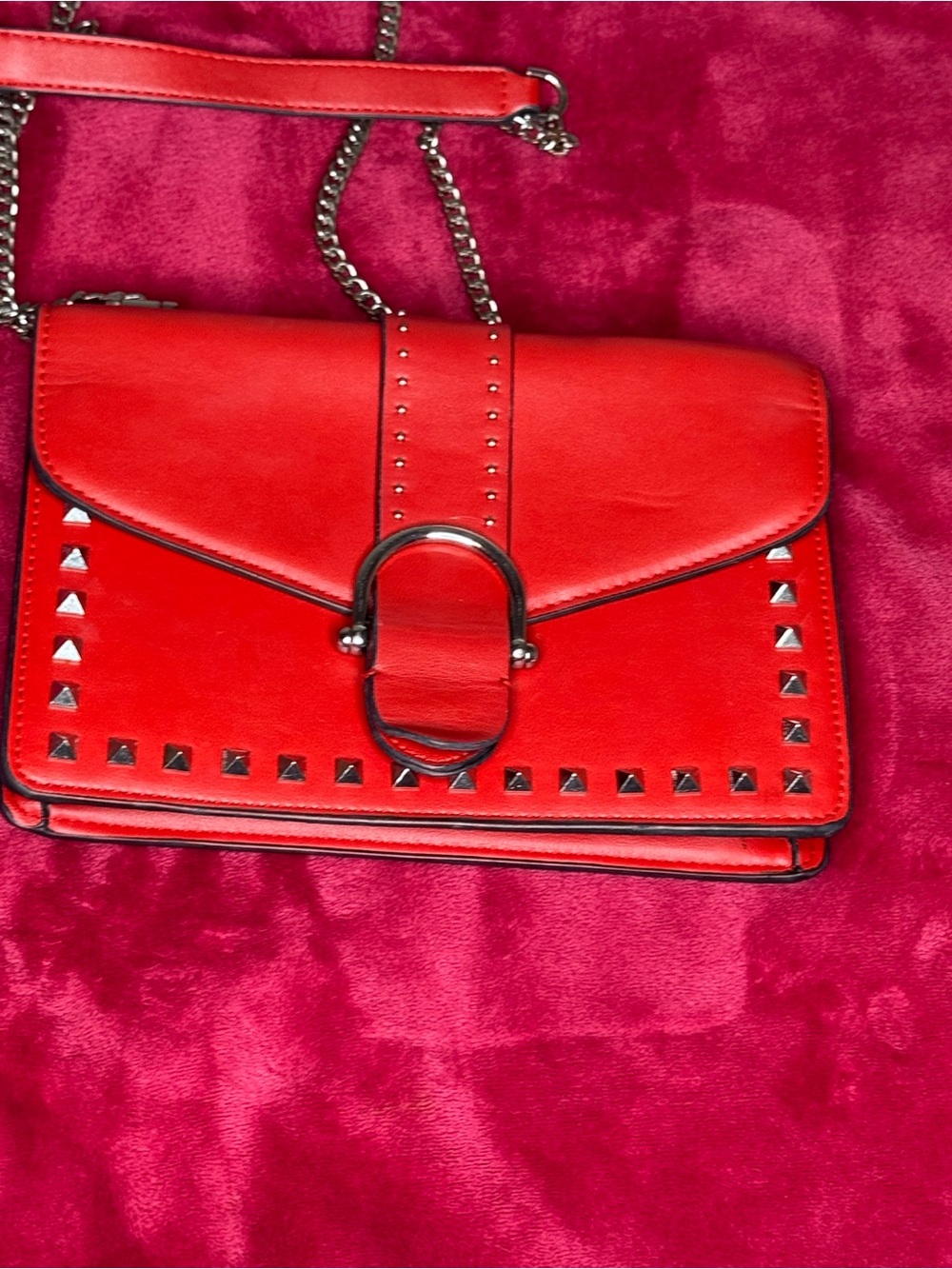 Topshop Red Stud-Trim Chain Crossbody Bag